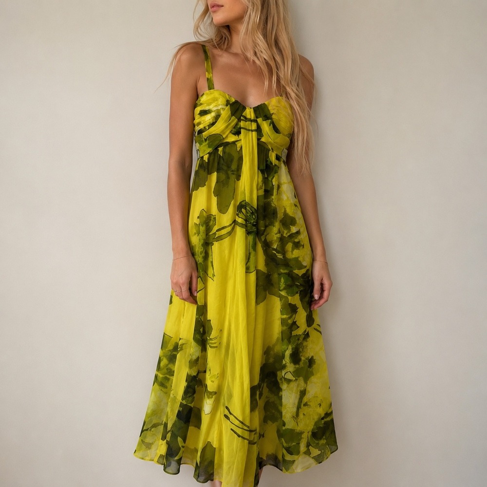 Jessica Simpson Yellow Floral Maxi Dress Smocked Back Size 8 Vacation Summer